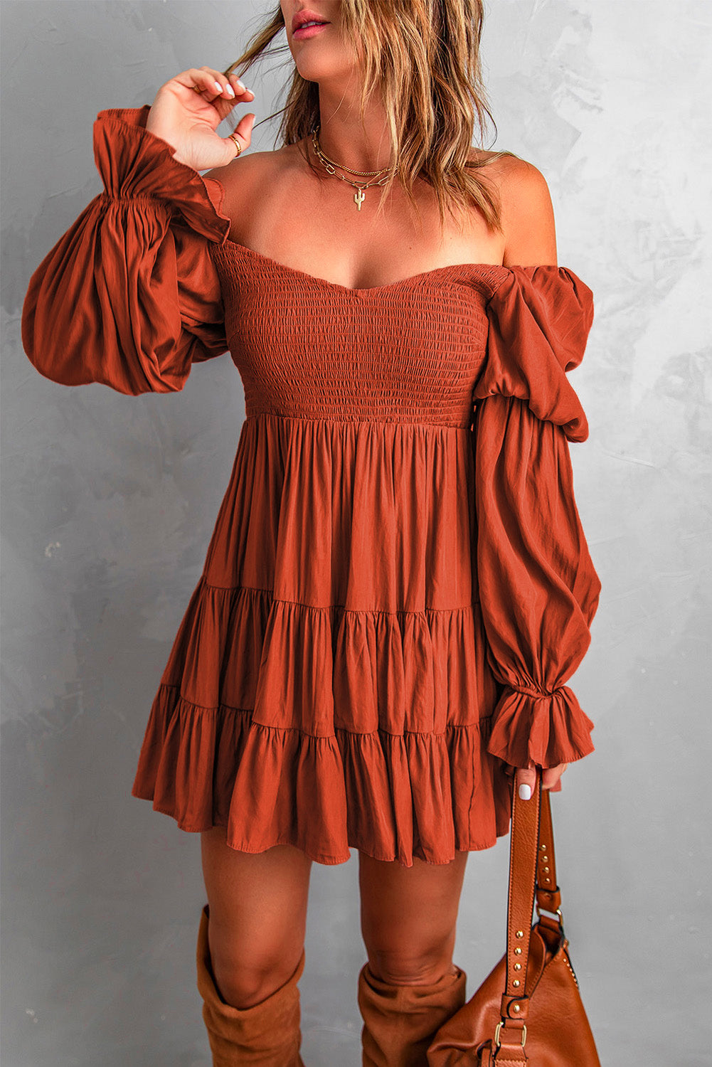 Black Boho Solid Shirred Ruffle Mini Dress Mini Dresses MyDresses