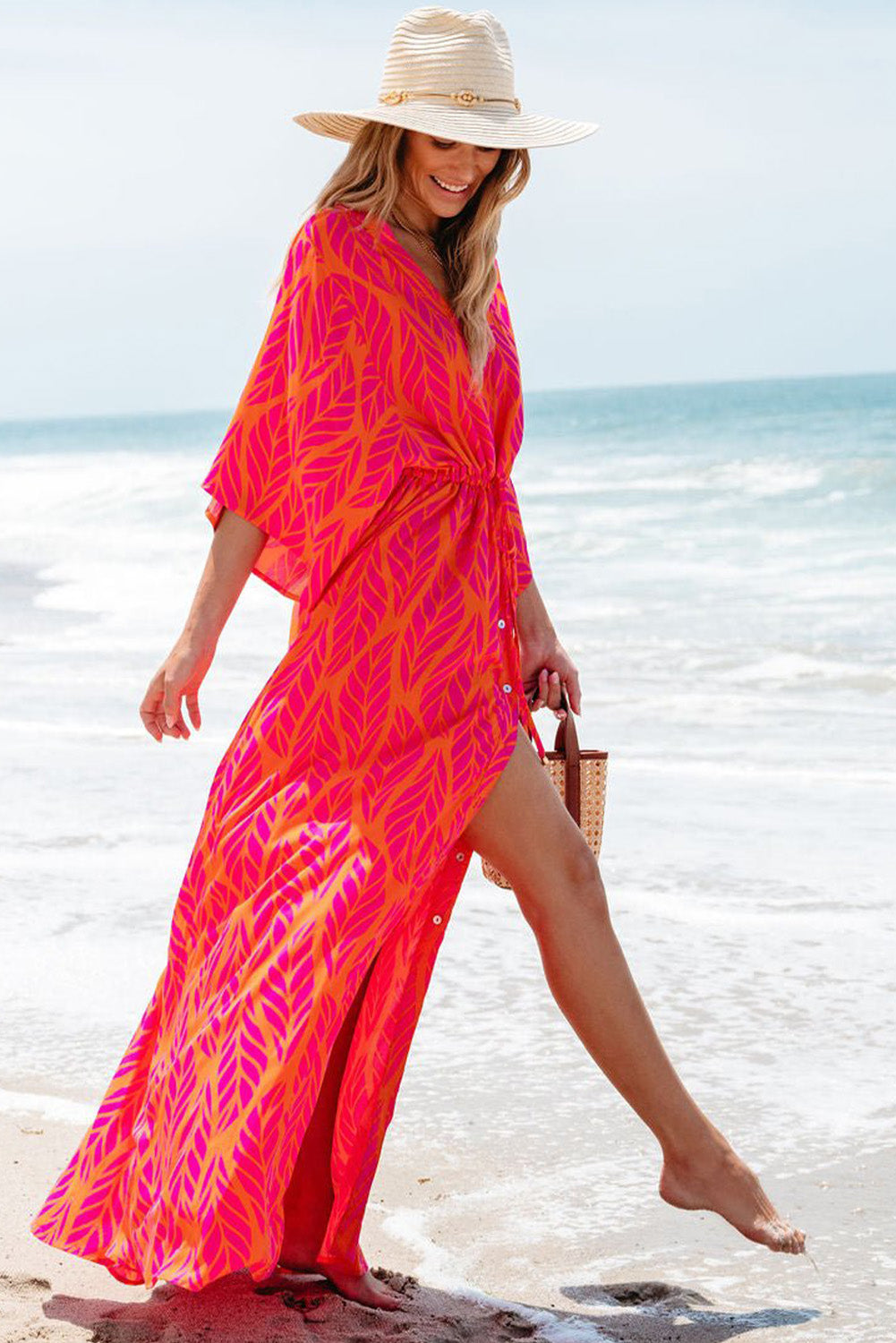 Leafy Print Maxi Dress with V Neck and Buttoned Split Maxi Dresses MyDresses 