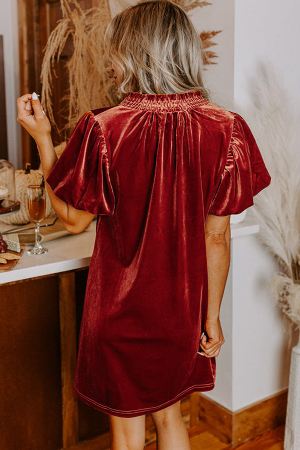 Velvet Mini Dress with Smocked Neckline and Puff Sleeves Mini Dresses MyDresses 
