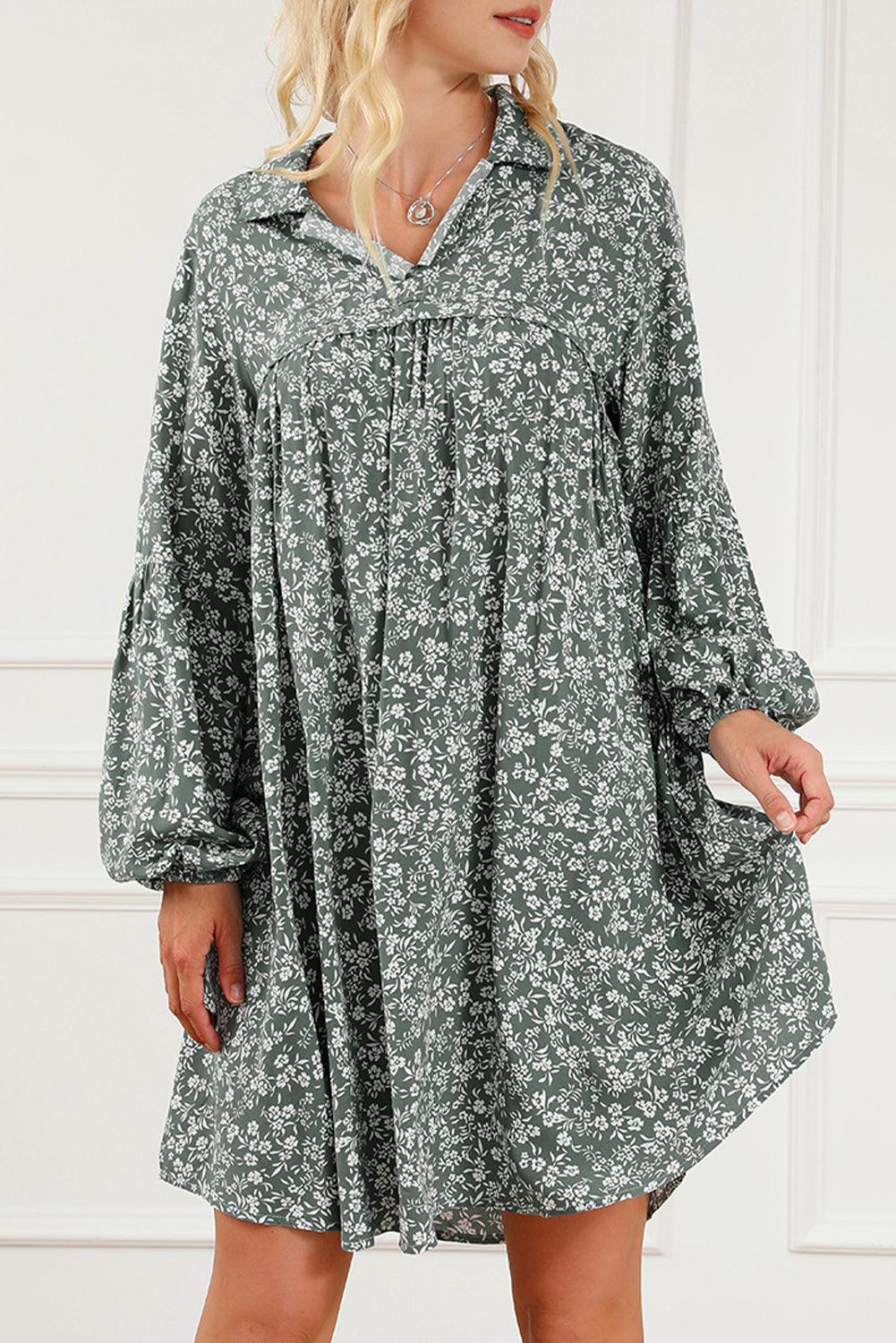 Floral Collared Puff Sleeve Babydoll Dress Mini Dresses MyDresses Green 8 | S 