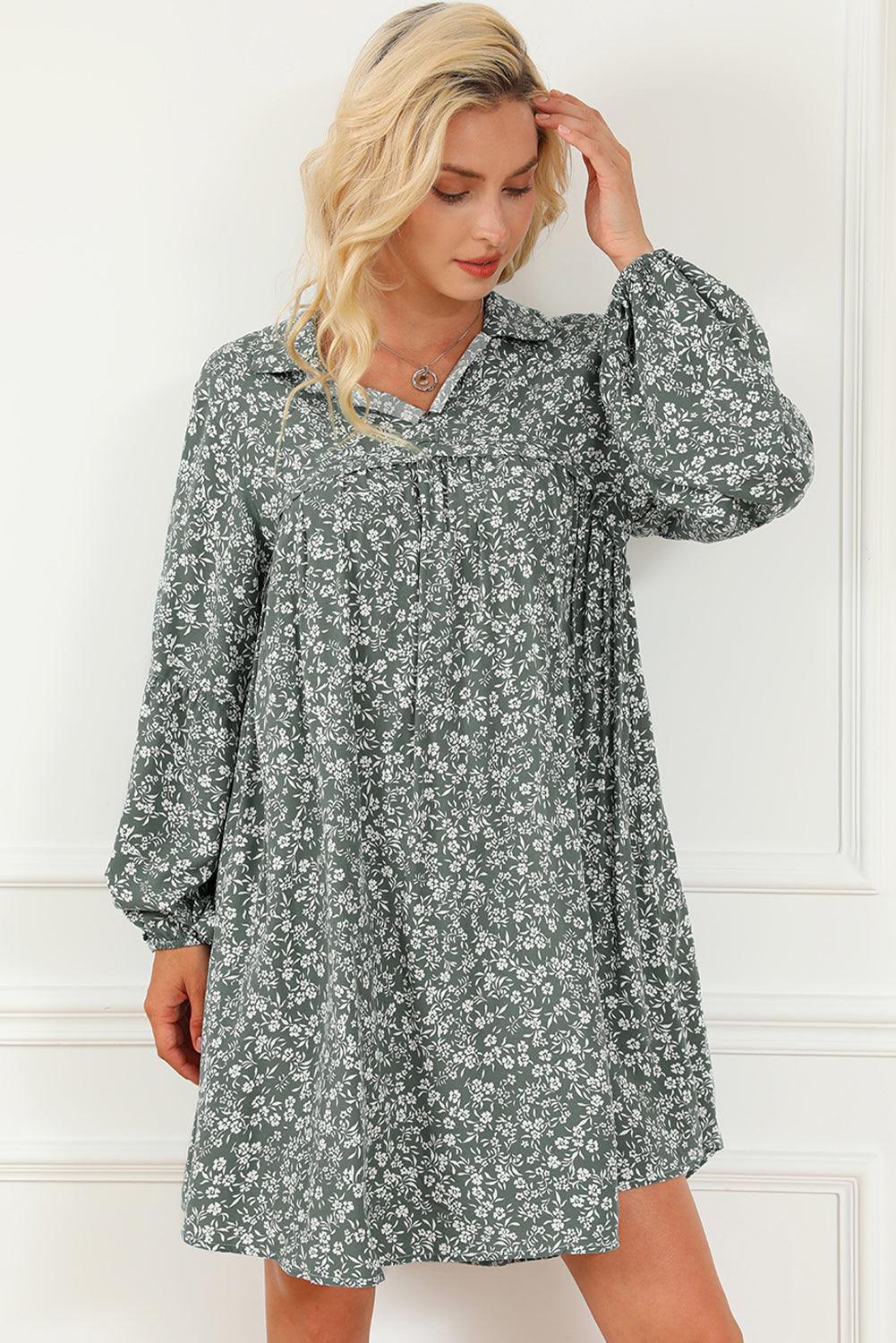 Floral Collared Puff Sleeve Babydoll Dress Mini Dresses MyDresses 