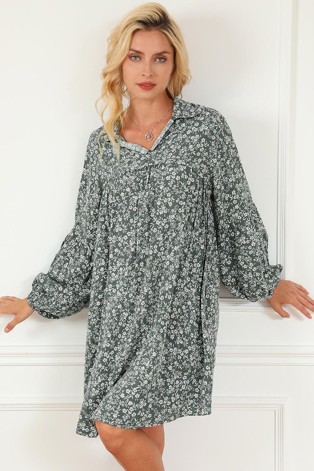 Floral Collared Puff Sleeve Babydoll Dress Mini Dresses MyDresses 