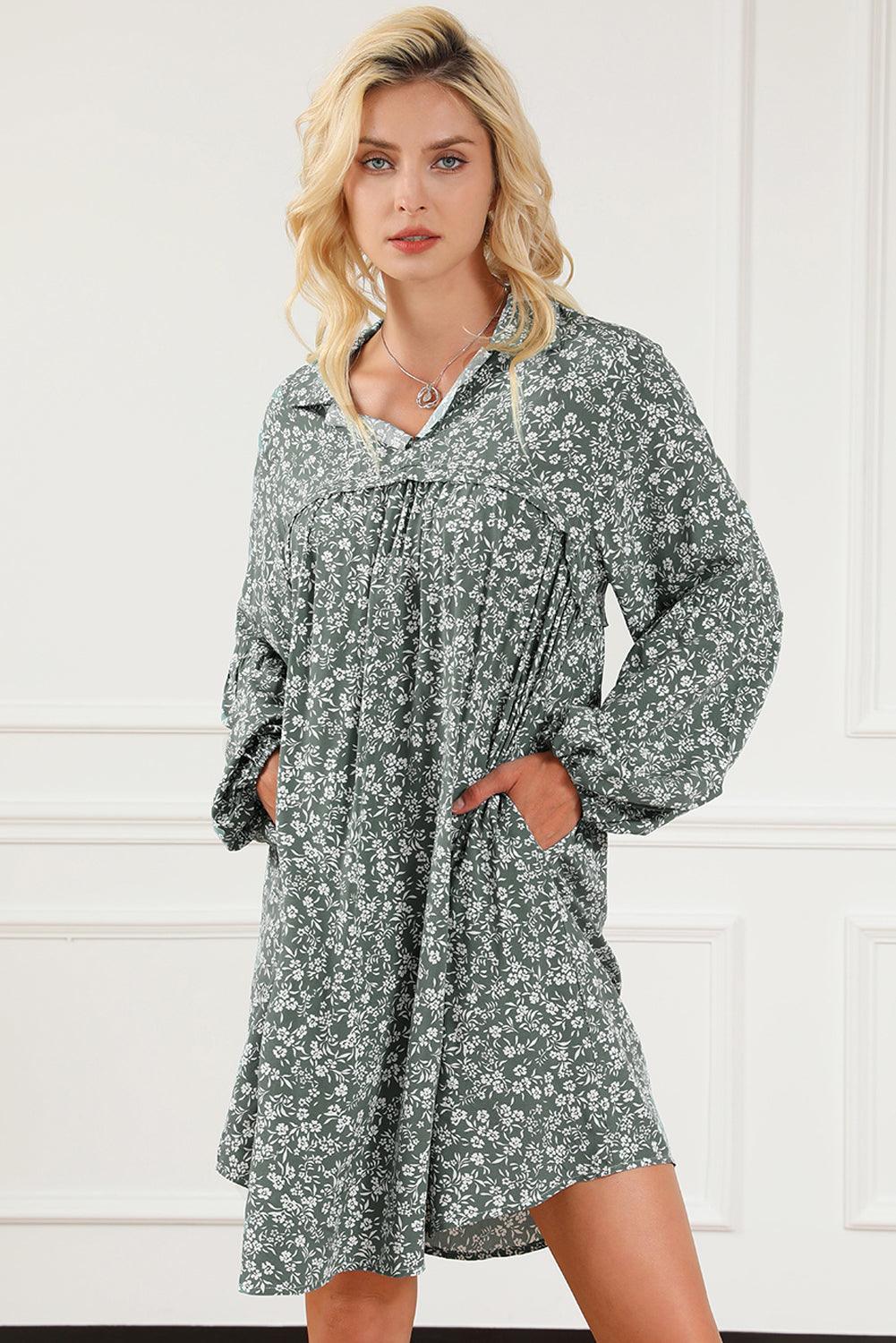 Floral Collared Puff Sleeve Babydoll Dress Mini Dresses MyDresses 