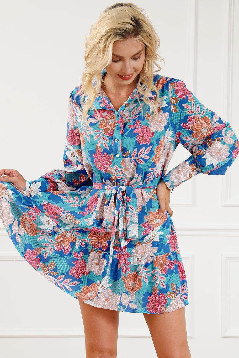 Floral Lantern Sleeve Belted Dress Mini Dresses MyDresses 