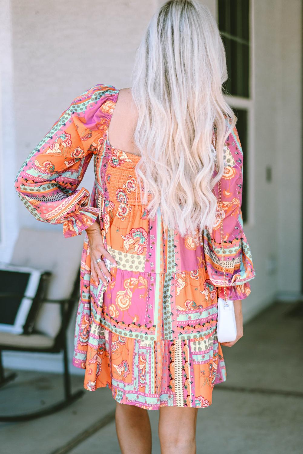 Floral Patch Shirred Ruffle High Waist Dress Mini Dresses MyDresses 