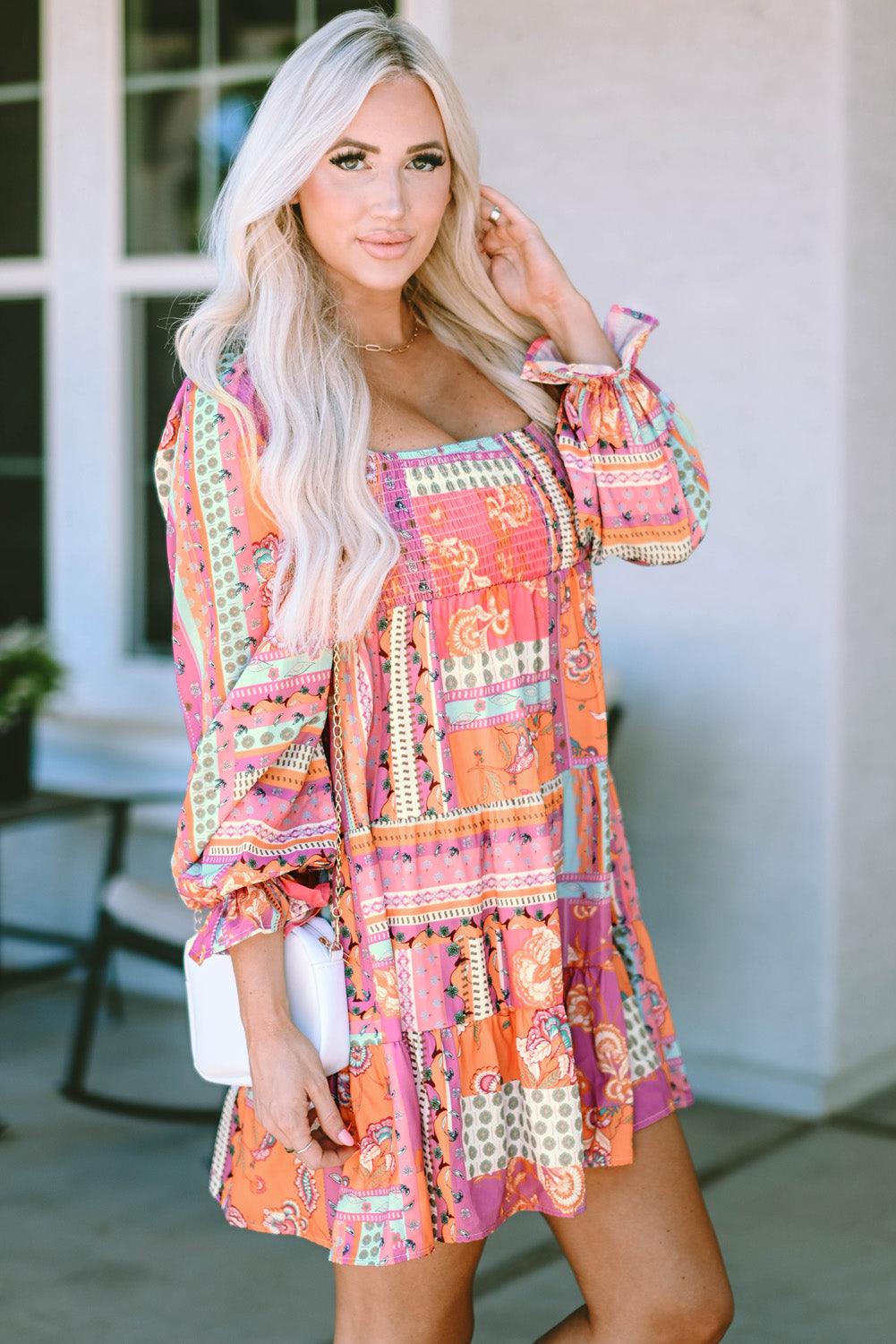 Floral Patch Shirred Ruffle High Waist Dress Mini Dresses MyDresses 