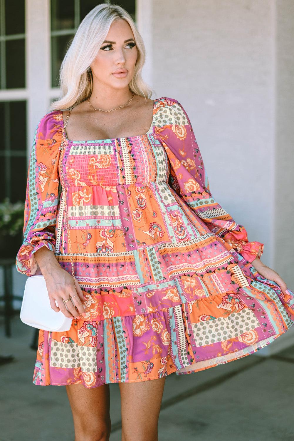 Floral Patch Shirred Ruffle High Waist Dress Mini Dresses MyDresses 