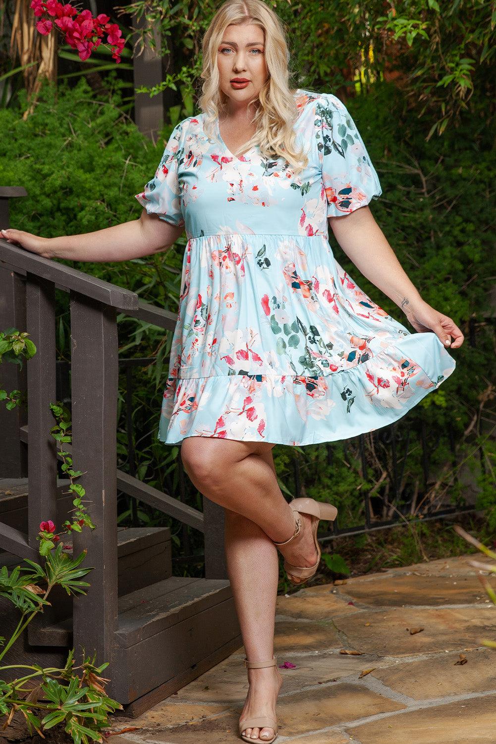 Floral Ruffled Puff Sleeve Plus Mini Dress Plus Size Mini Dresses MyDresses 