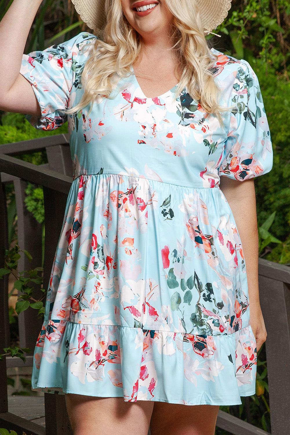 Floral Ruffled Puff Sleeve Plus Mini Dress Plus Size Mini Dresses MyDresses Sky Blue 18-20 | 1X 