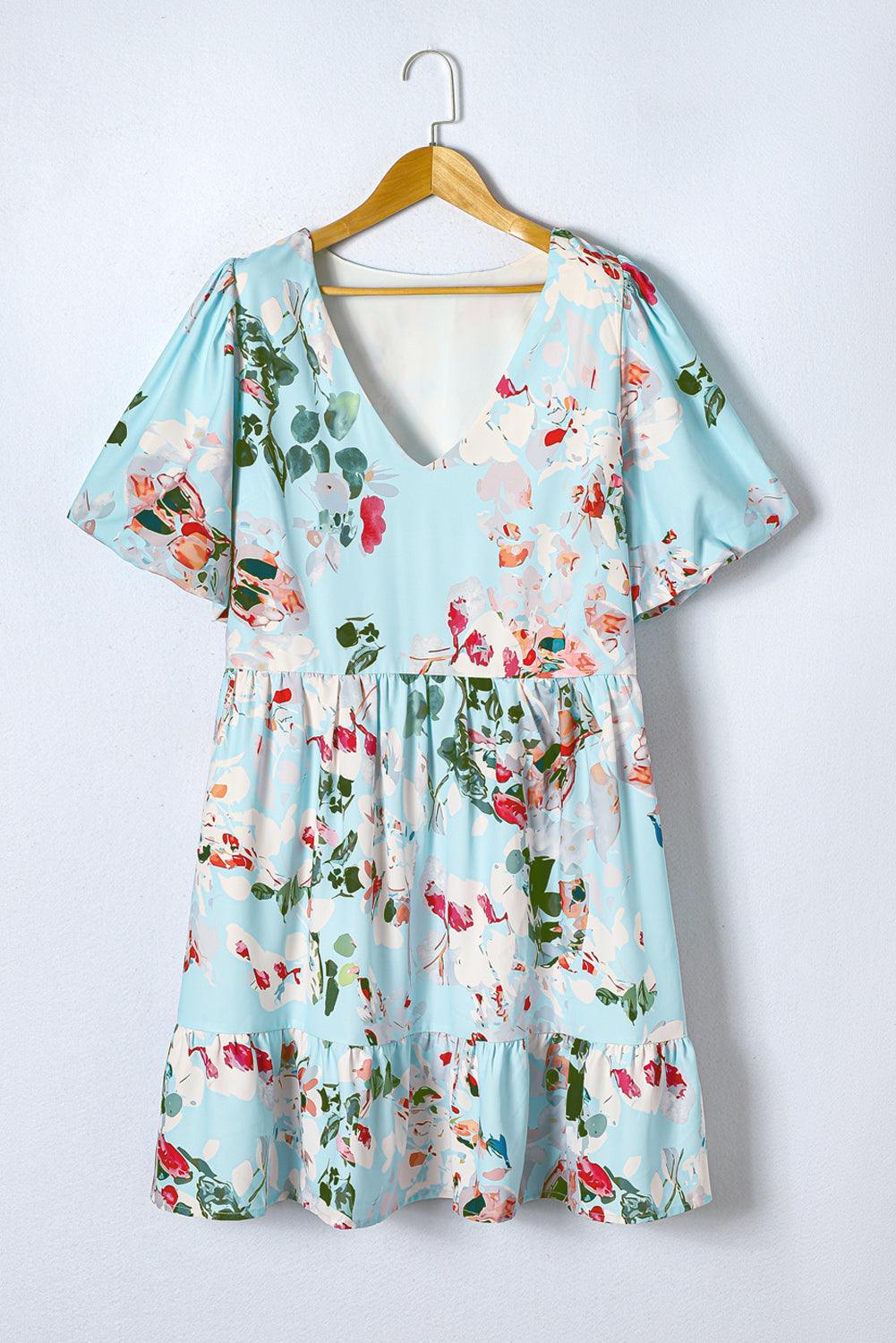 Floral Ruffled Puff Sleeve Plus Mini Dress Plus Size Mini Dresses MyDresses 