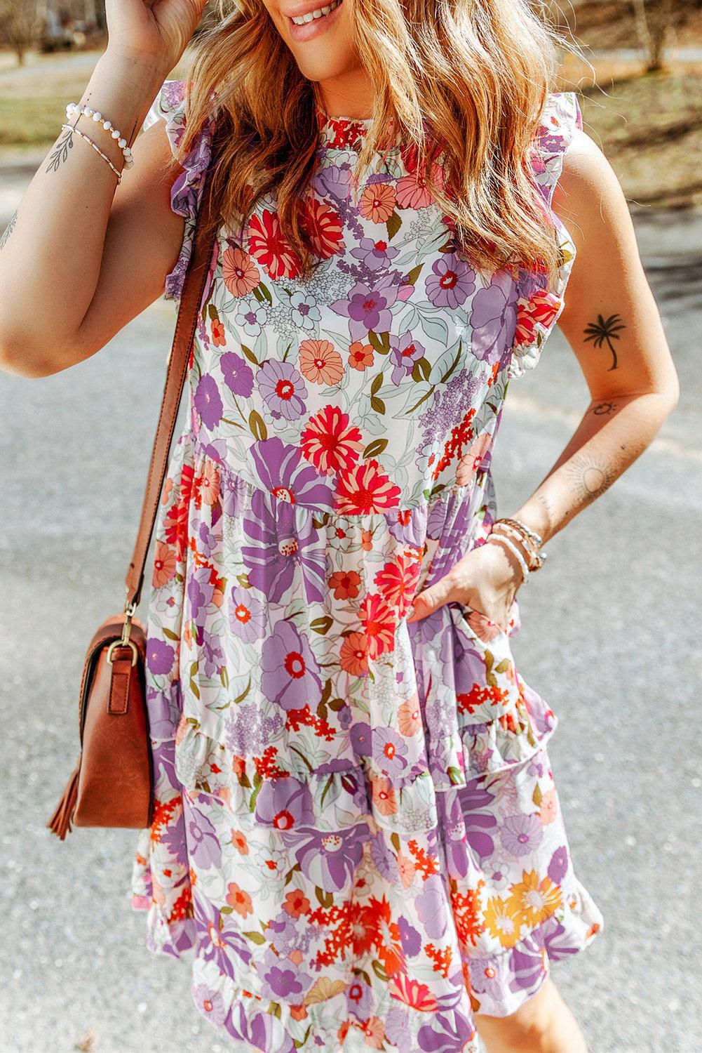 Floral Ruffled Tank Dress with Sleeveless Design Floral Dresses MyDresses Purple 8 | S 