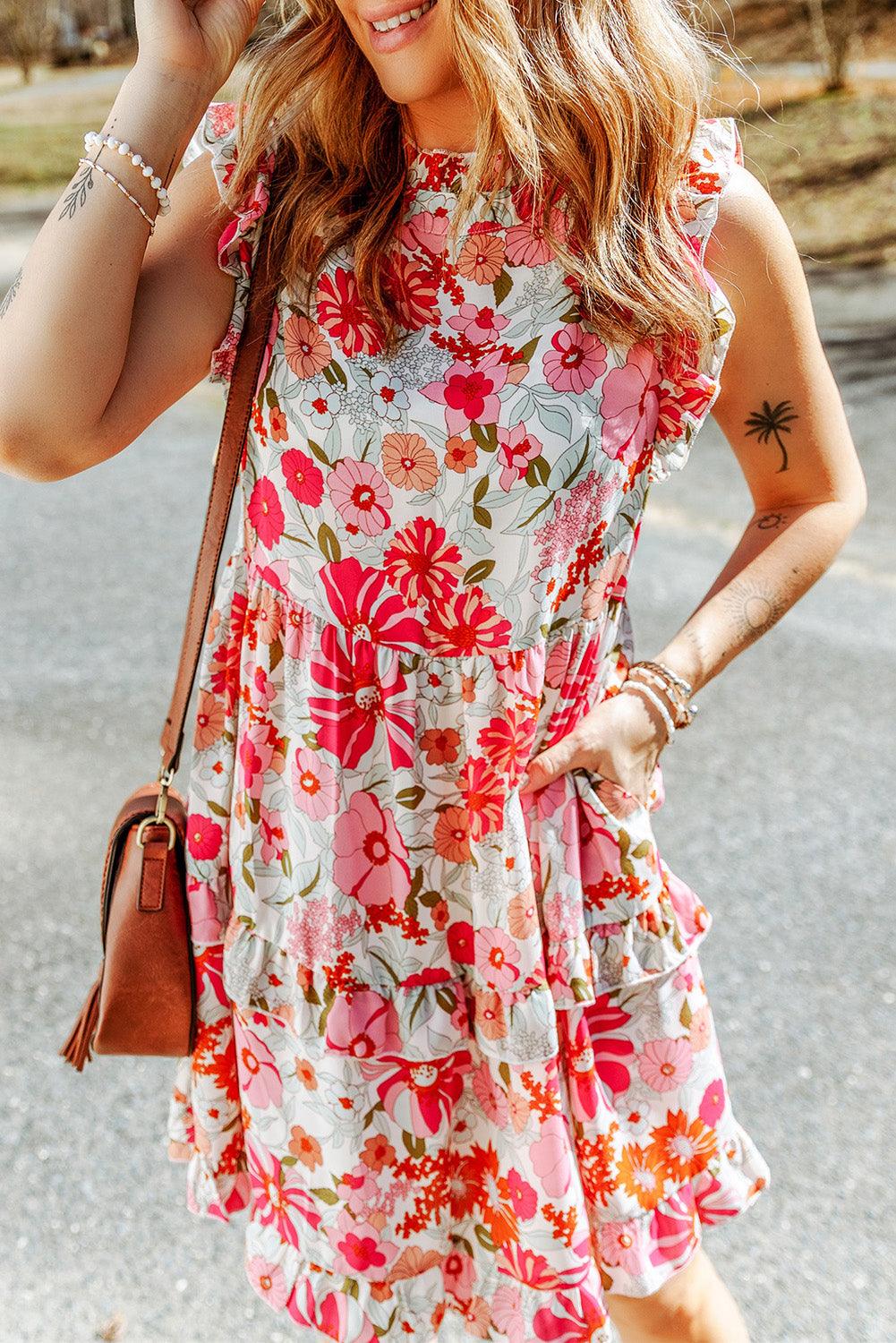 Floral Ruffled Tank Dress with Sleeveless Design Floral Dresses MyDresses Red 8 | S 