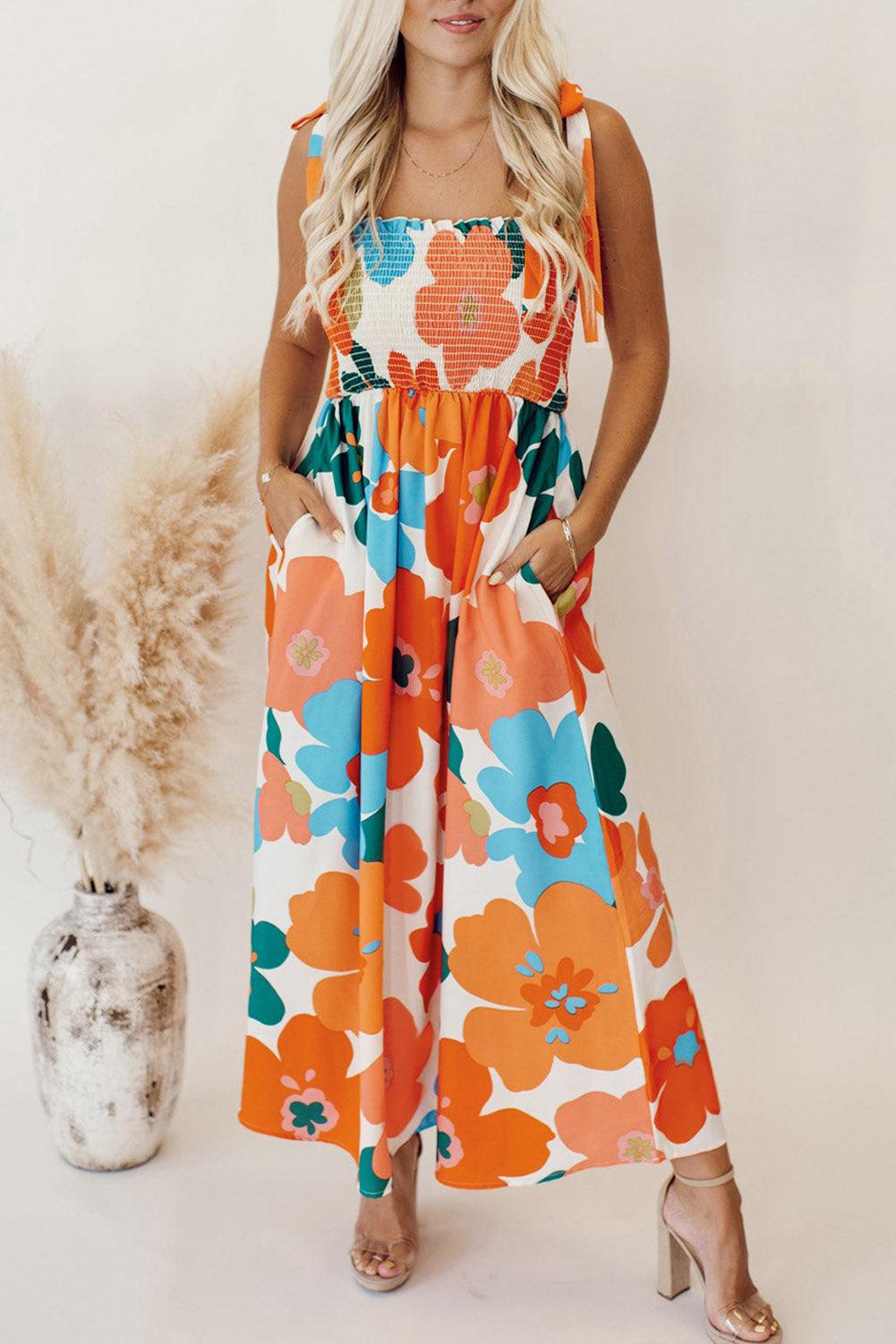 Floral Smocked Bust Maxi Dress Maxi Dresses MyDresses Orange 8 | S 
