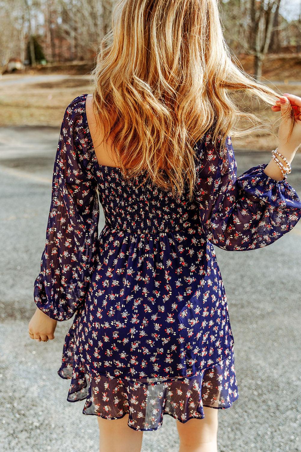Floral Smocked Square Neck Bubble Sleeve Dress Mini Dresses MyDresses 
