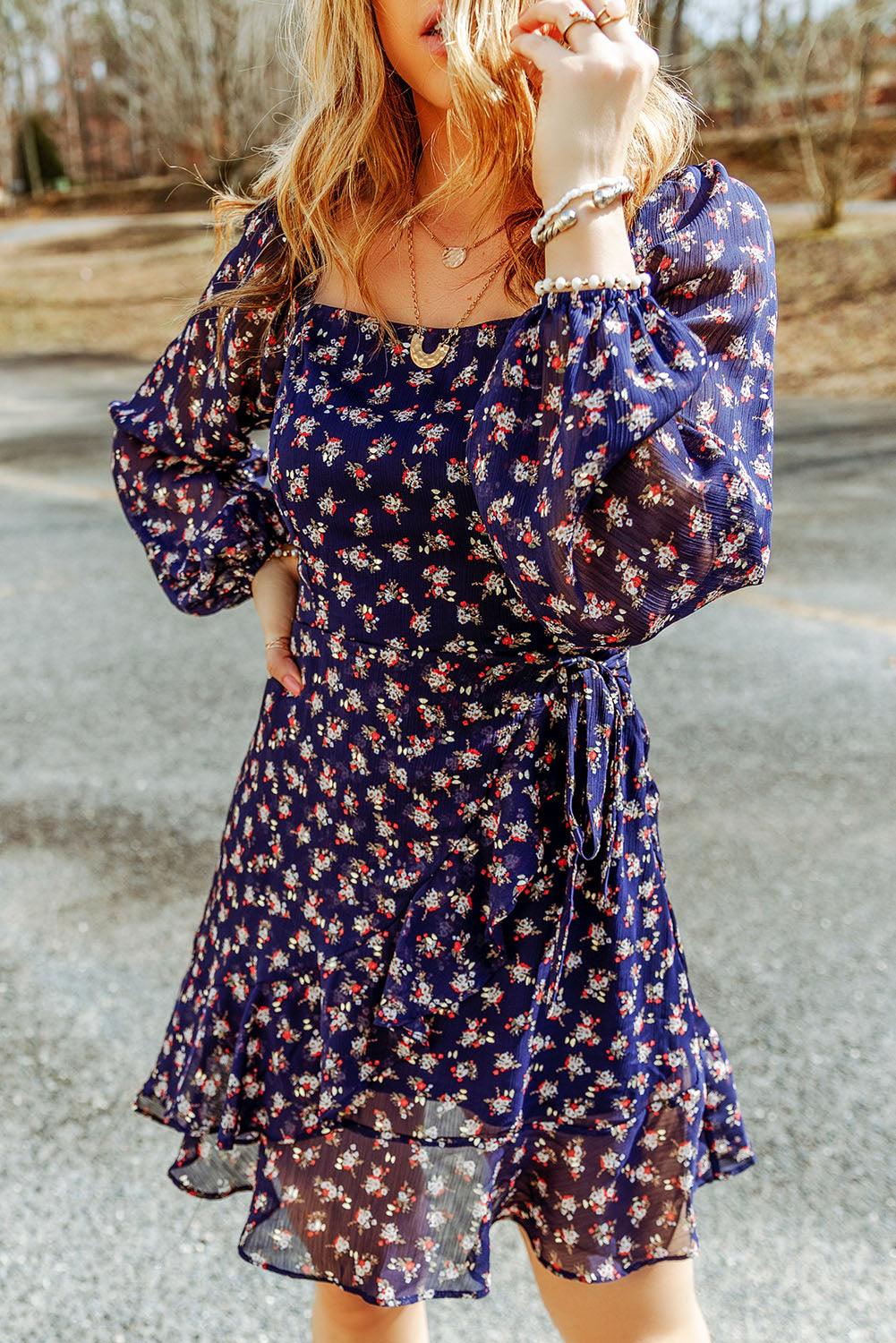 Floral Smocked Square Neck Bubble Sleeve Dress Mini Dresses MyDresses 