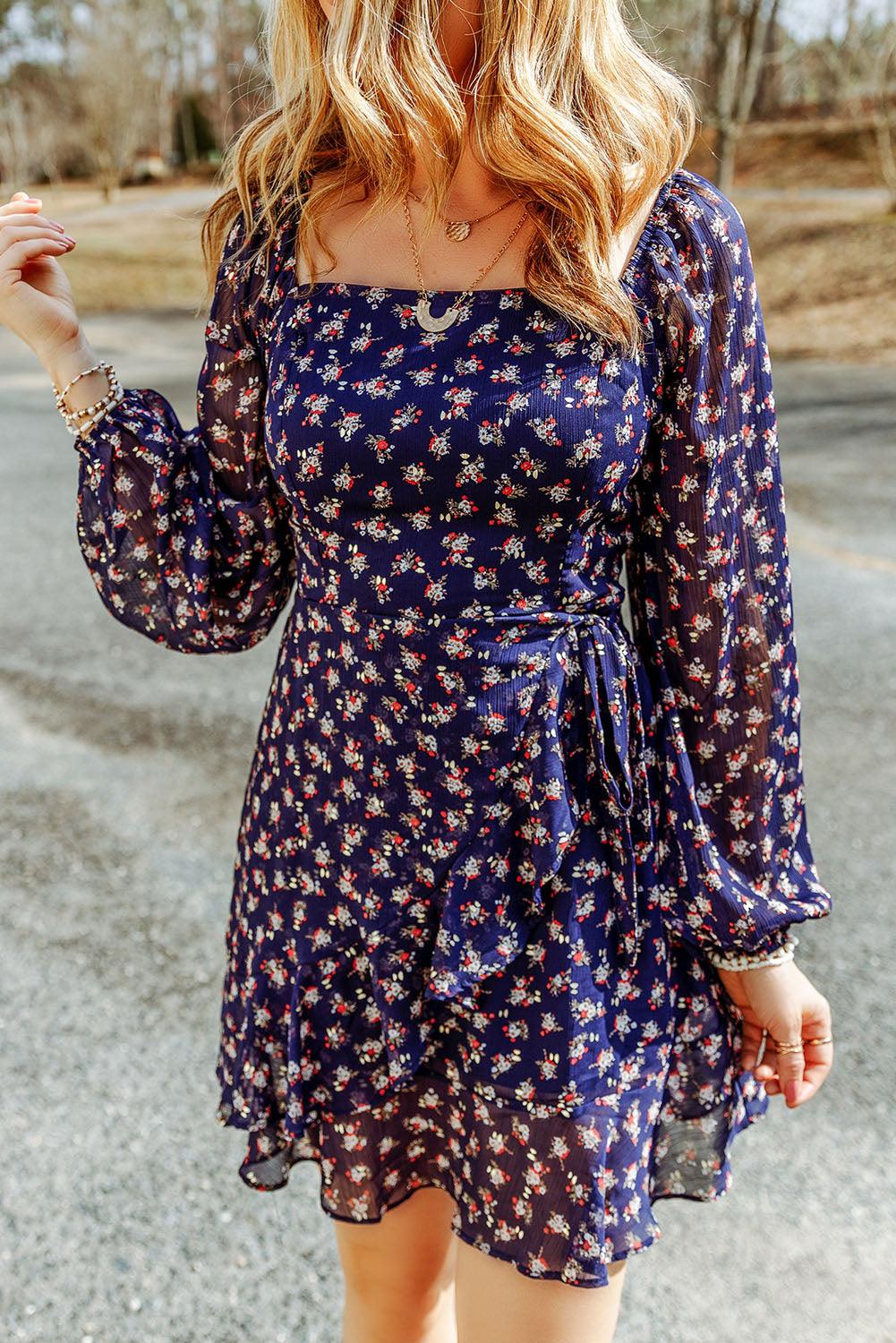 Floral Smocked Square Neck Bubble Sleeve Dress Mini Dresses MyDresses 