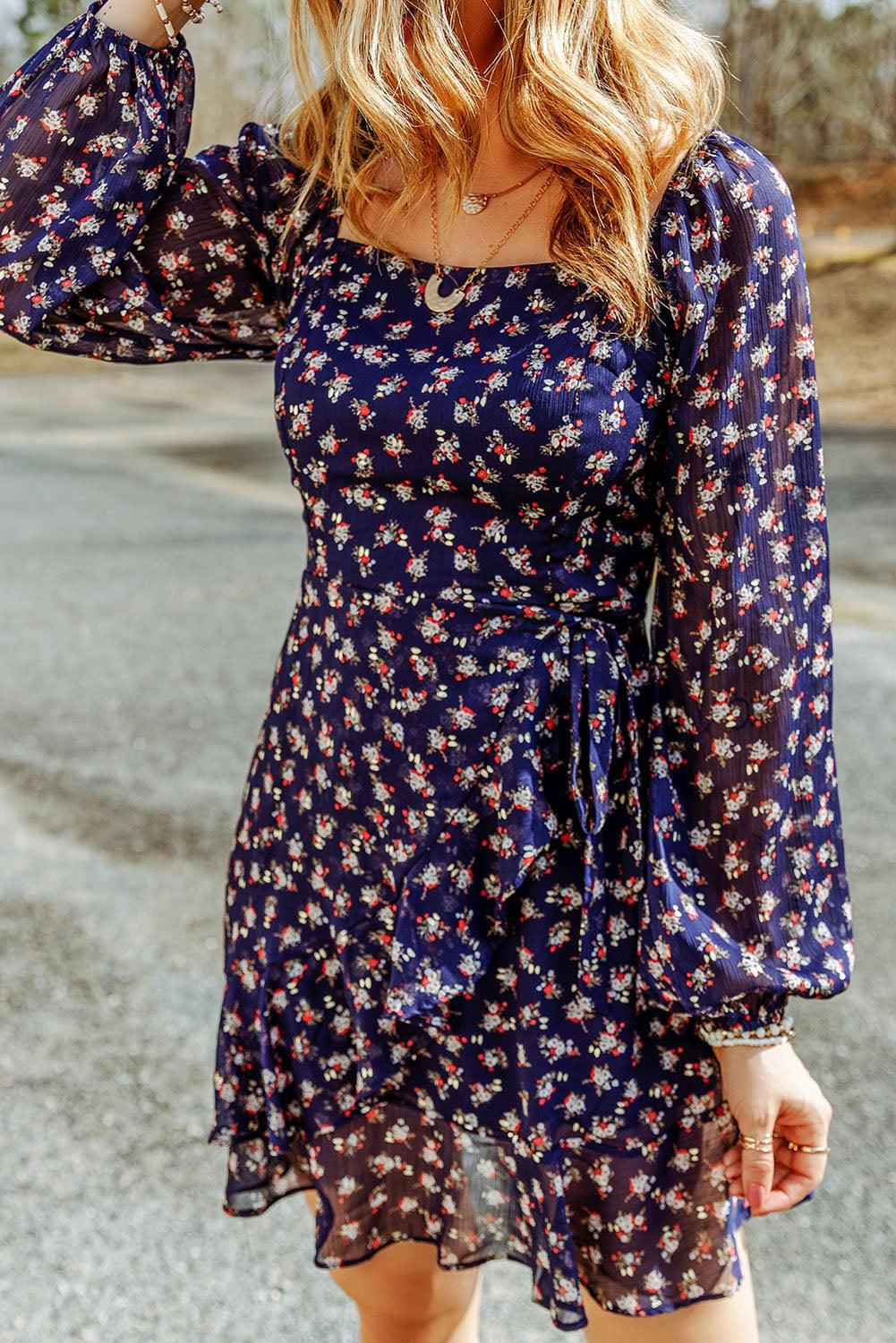Floral Smocked Square Neck Bubble Sleeve Dress Mini Dresses MyDresses 