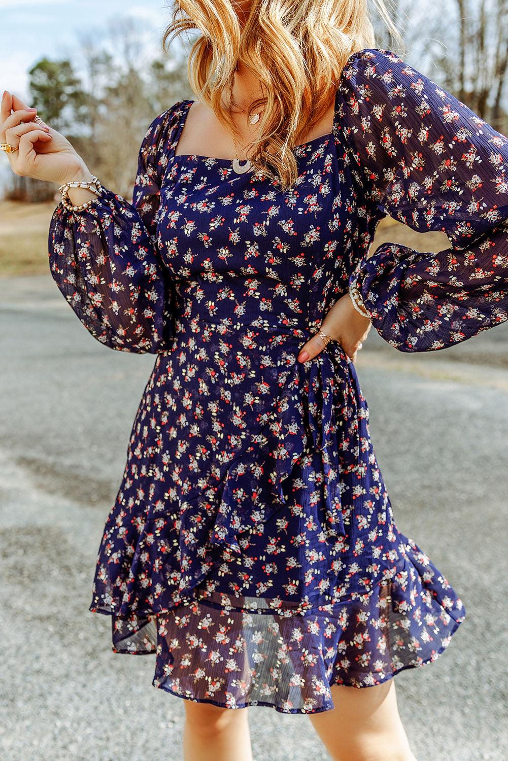 Floral Smocked Square Neck Bubble Sleeve Dress Mini Dresses MyDresses Blue 8 | S 