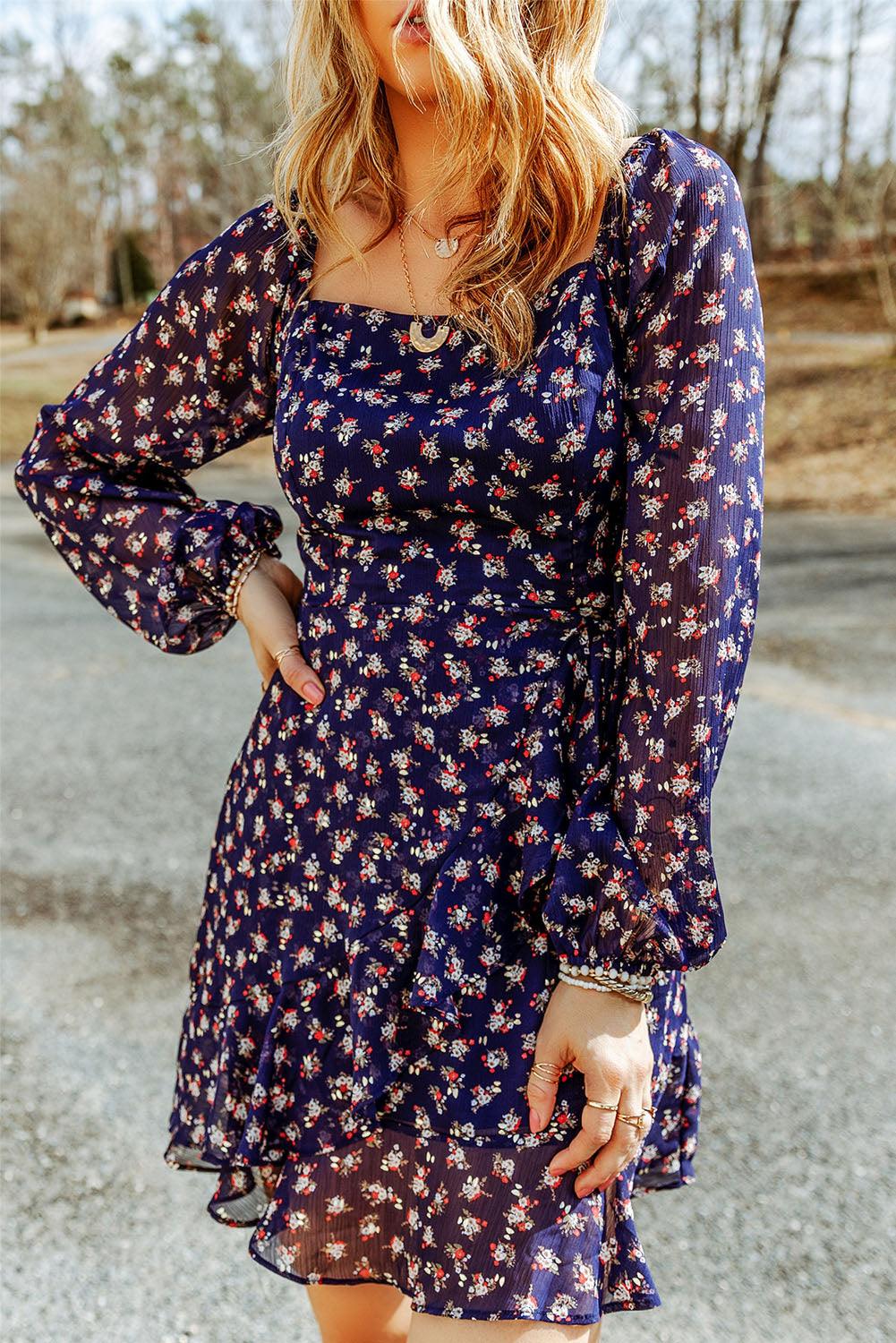 Floral Smocked Square Neck Bubble Sleeve Dress Mini Dresses MyDresses 