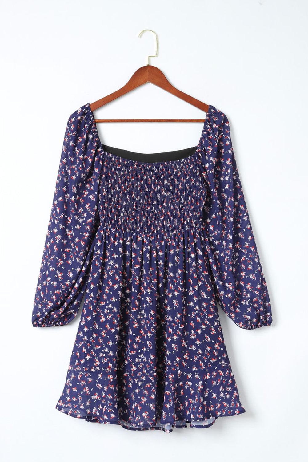 Floral Smocked Square Neck Bubble Sleeve Dress Mini Dresses MyDresses 