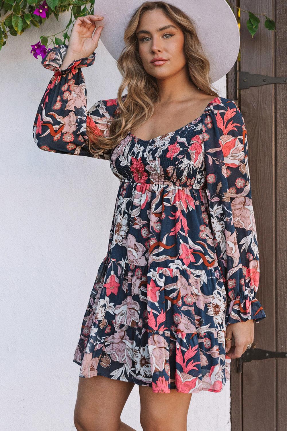 Floral Tiered Puff Sleeve Mini Dress Mini Dresses MyDresses 