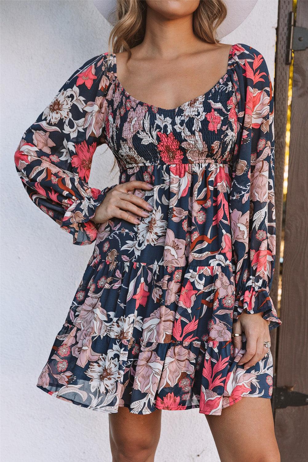 Floral Tiered Puff Sleeve Mini Dress Mini Dresses MyDresses Multicolour 8 | S 