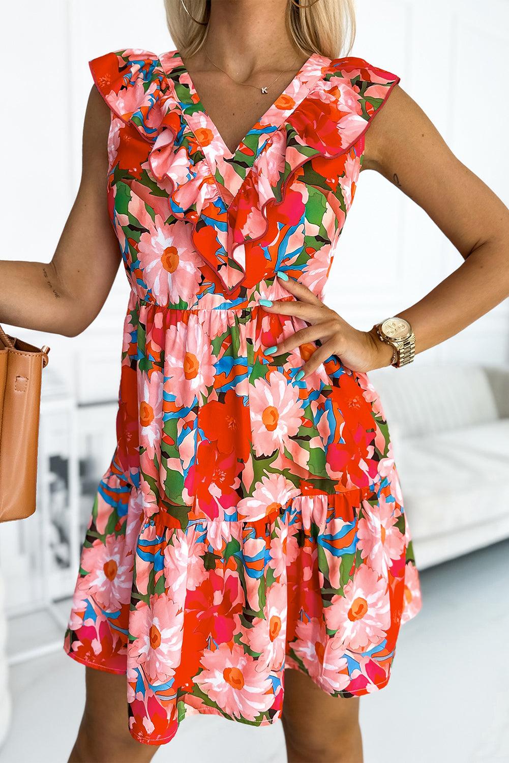 Floral V-Neck Mini Dress Mini Dresses MyDresses Red 8 | S 