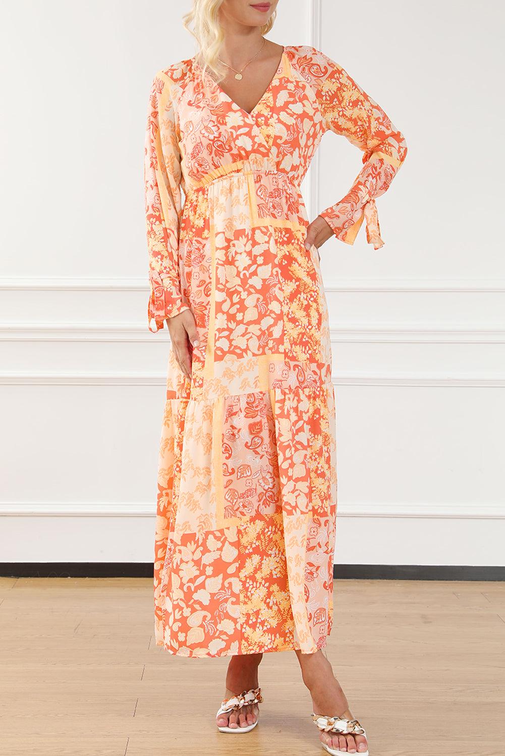 Floral Wrap V-Neck Long Sleeve Boho Dress Maxi Dresses MyDresses Orange 8 | S 