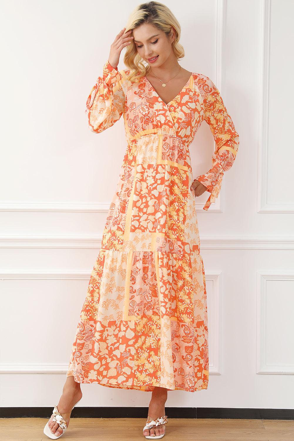 Floral Wrap V-Neck Long Sleeve Boho Dress Maxi Dresses MyDresses 