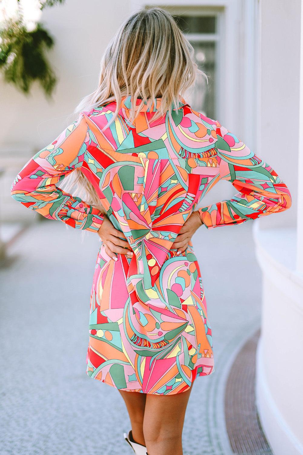 Geometric Print Long Sleeve Shirt Dress Mini Dresses MyDresses 