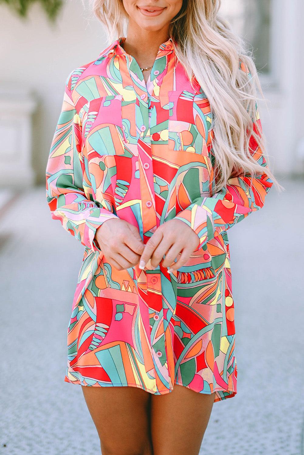 Geometric Print Long Sleeve Shirt Dress Mini Dresses MyDresses Multicolour 8 | S 
