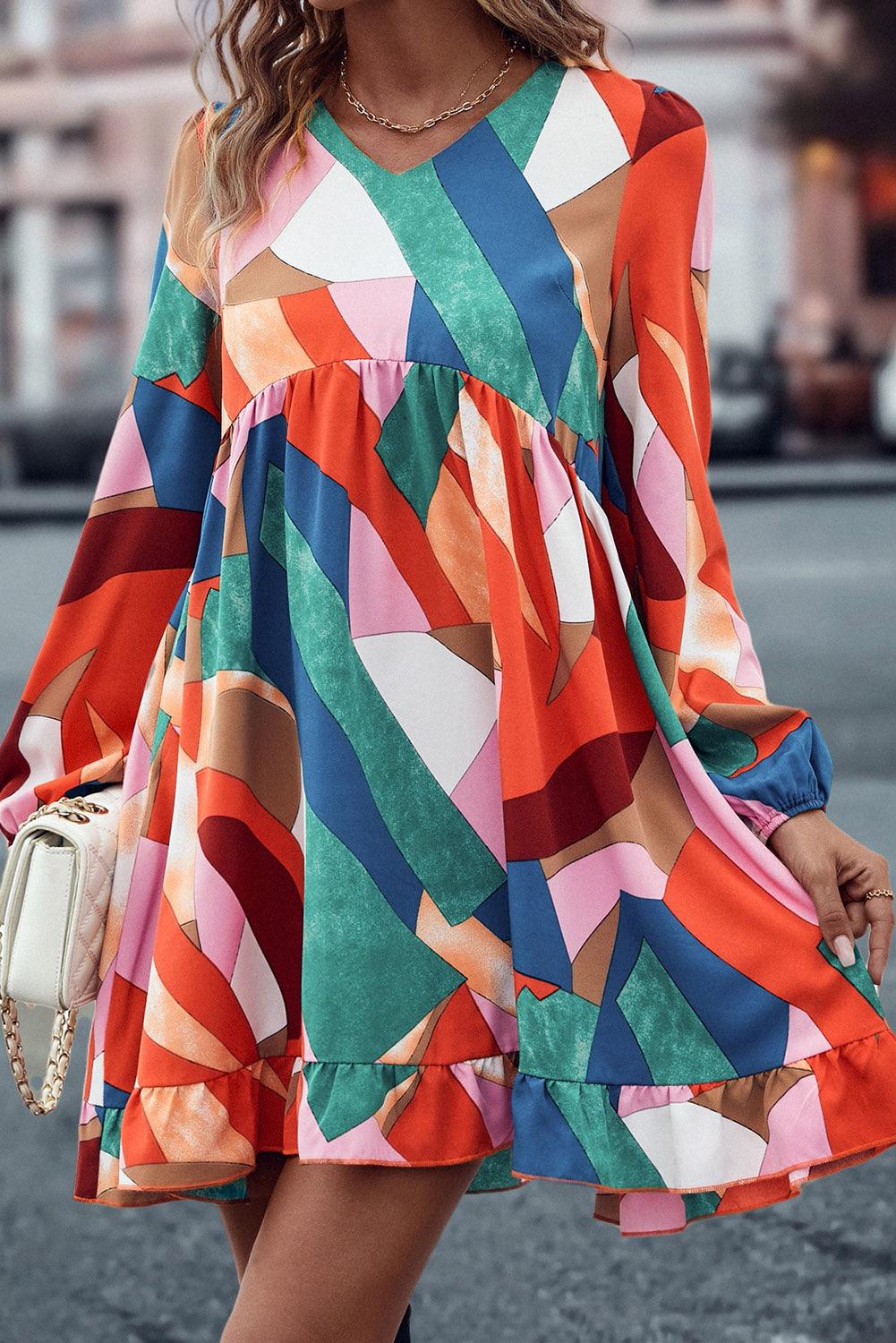 Geometric Print Ruffle Babydoll Dress Mini Dresses MyDresses Multicolour 8 | S 