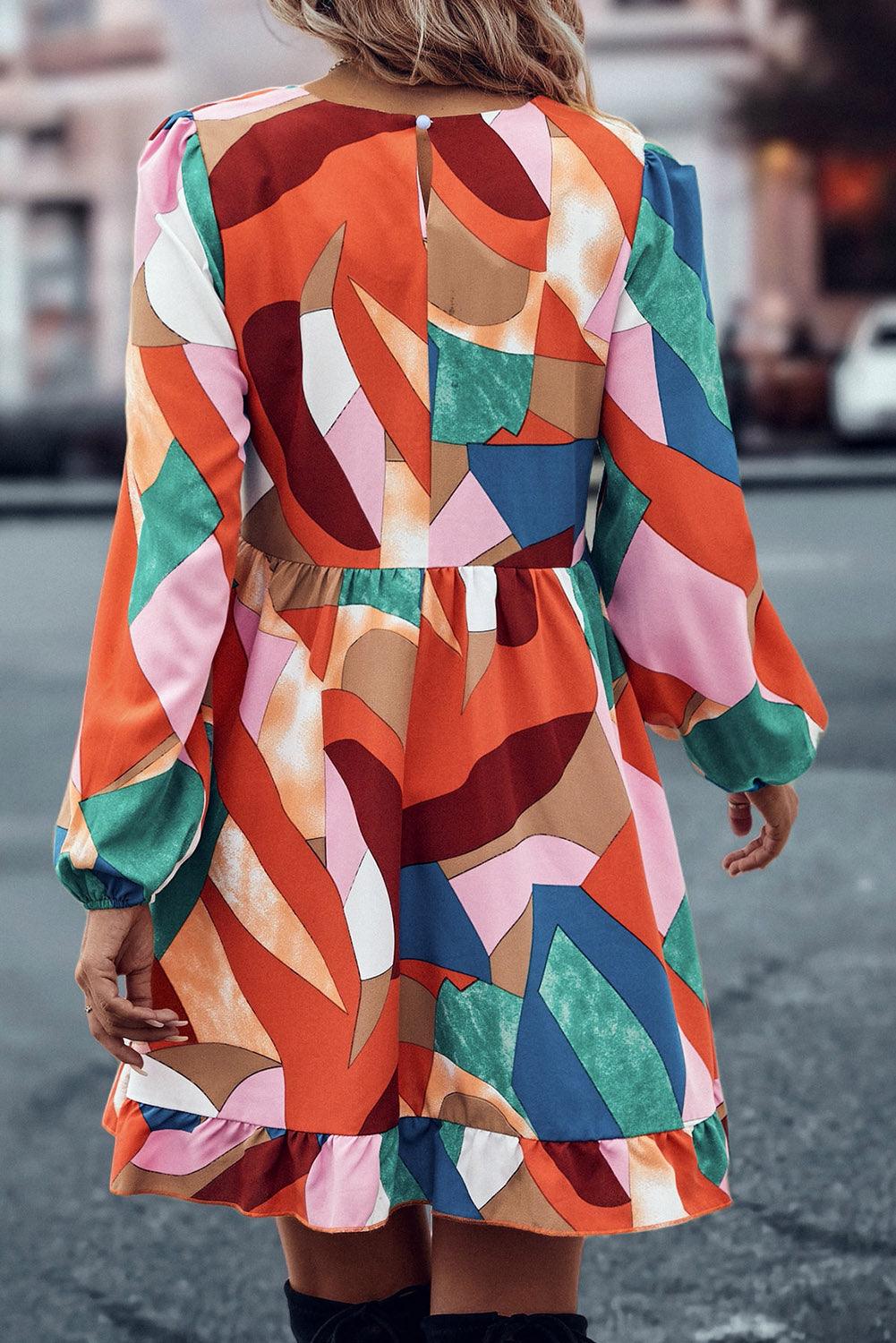 Geometric Print Ruffle Babydoll Dress Mini Dresses MyDresses 