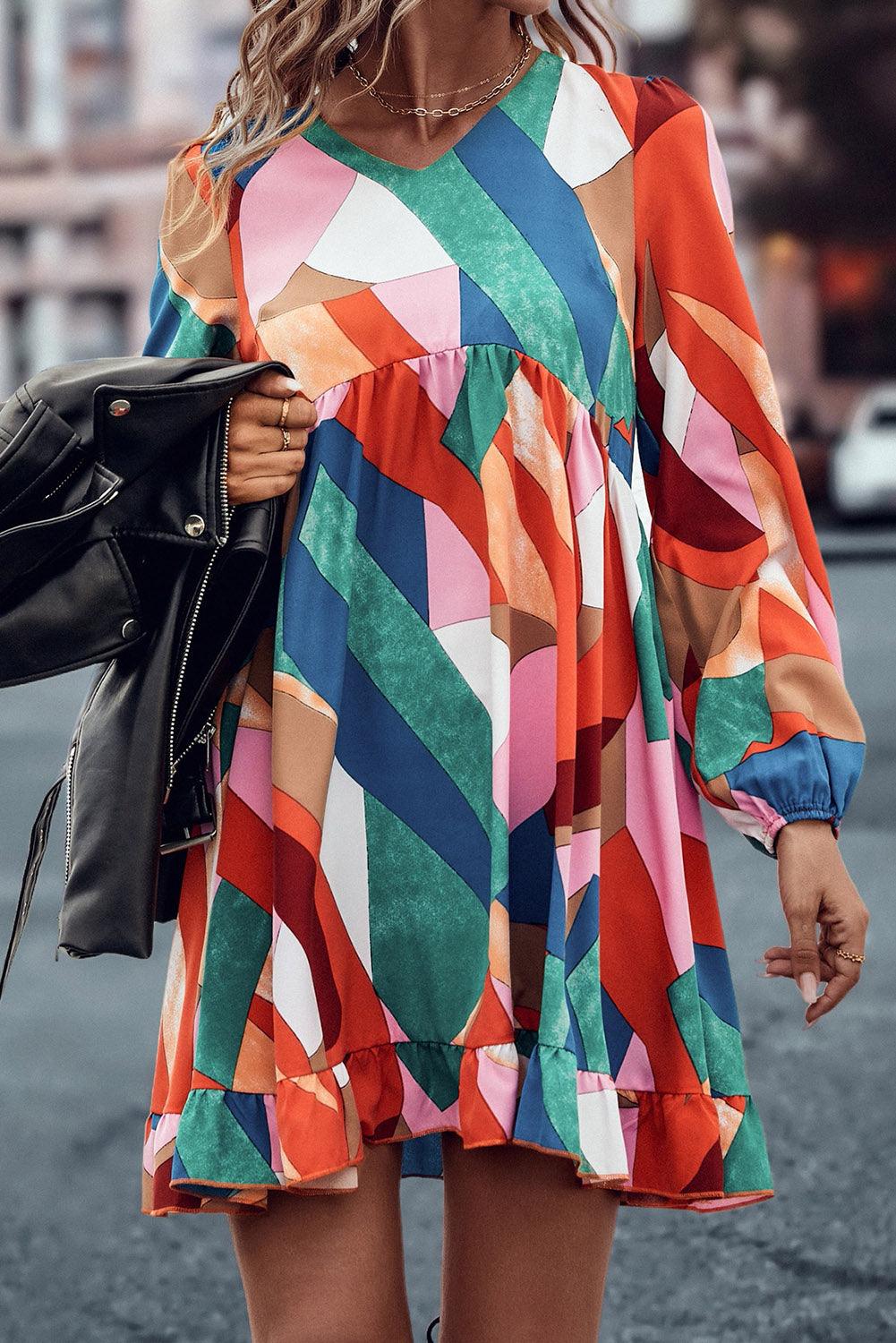 Geometric Print Ruffle Babydoll Dress Mini Dresses MyDresses 
