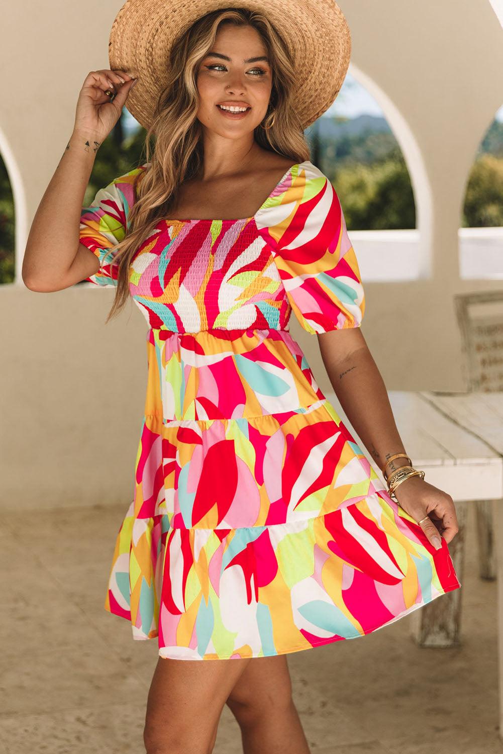 Geometric Smocked Babydoll Mini Dress Mini Dresses MyDresses 