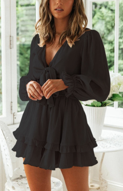 Deep V-Neck Mini Dress with Knot Front and Ruffle Hem Mini Dresses MyDresses 