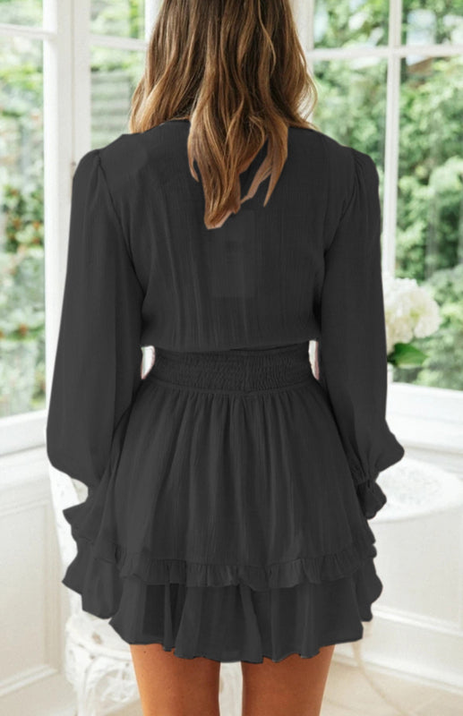 Deep V-Neck Mini Dress with Knot Front and Ruffle Hem Mini Dresses MyDresses 