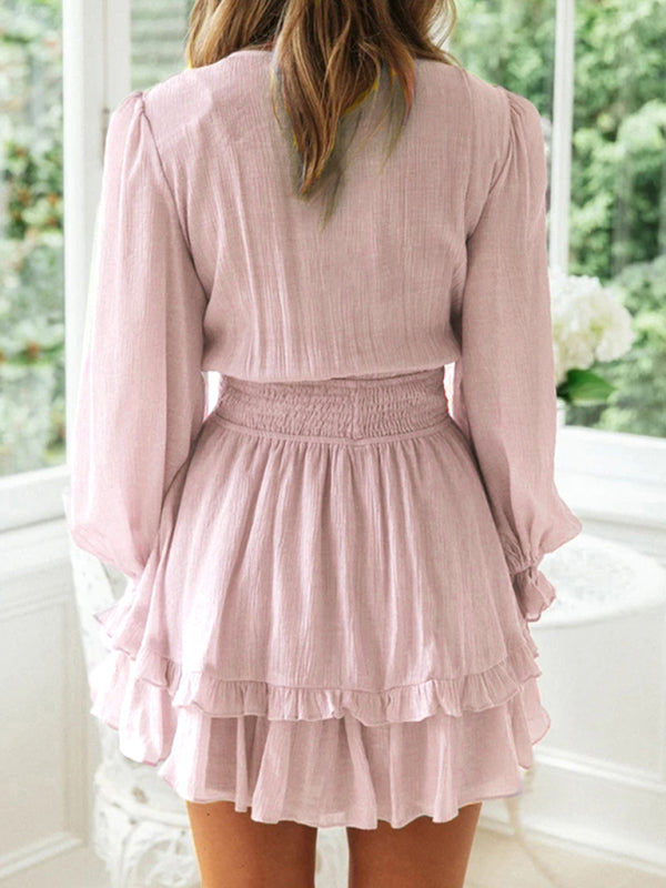 Deep V-Neck Mini Dress with Knot Front and Ruffle Hem Mini Dresses MyDresses 