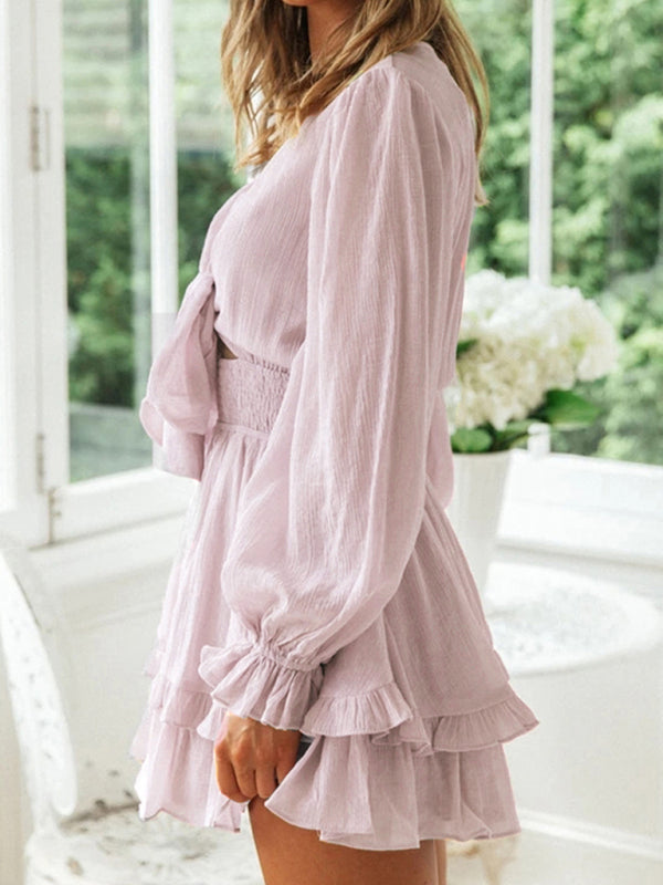 Deep V-Neck Mini Dress with Knot Front and Ruffle Hem Mini Dresses MyDresses 