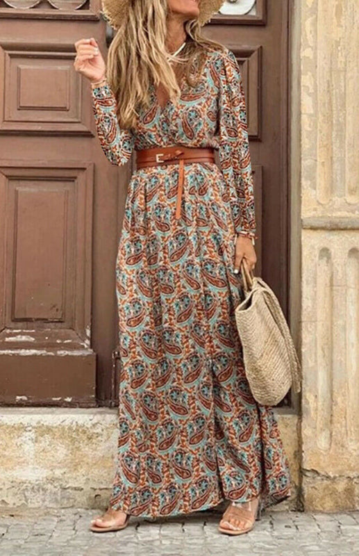 Paisley Print Maxi Dress with V-Neck and Belt Maxi Dresses MyDresses Brown 8 | S 