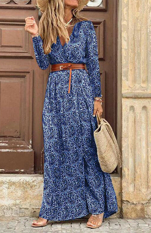 Paisley Print Maxi Dress with V-Neck and Belt Maxi Dresses MyDresses Navy 8 | S 