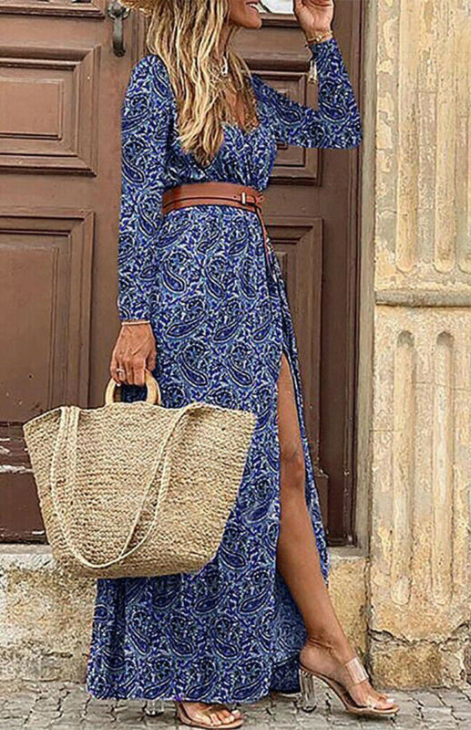 Paisley Print Maxi Dress with V-Neck and Belt Maxi Dresses MyDresses 