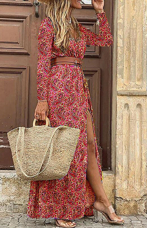 Paisley Print Maxi Dress with V-Neck and Belt Maxi Dresses MyDresses 