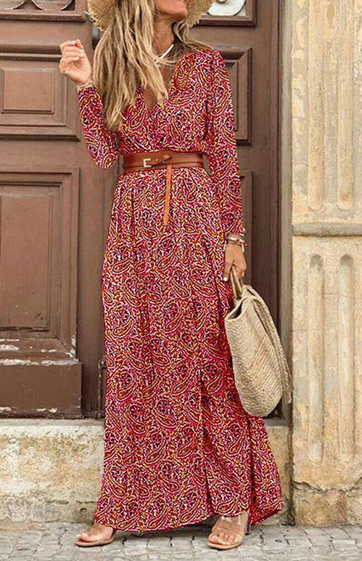 Paisley Print Maxi Dress with V-Neck and Belt Maxi Dresses MyDresses Red 8 | S 