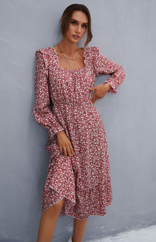 Square Neck Midi Dress with Ruffled Sleeves and Floral Print Midi Dresses MyDresses Red 8 | S 