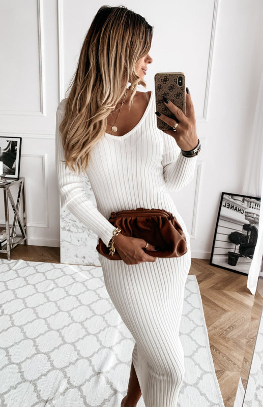 Ribbed Knit Long Sleeve Midi Dress with V-Neckline Midi Dresses MyDresses Off White 8 | S 
