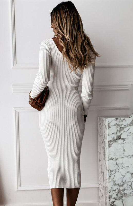 Ribbed Knit Long Sleeve Midi Dress with V-Neckline Midi Dresses MyDresses 