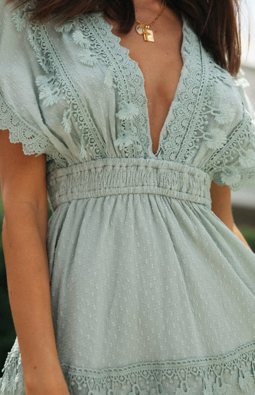 Lace Trim Mini Dress with V-neck and Tiered Skirt Mini Dresses MyDresses 