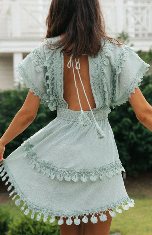Lace Trim Mini Dress with V-neck and Tiered Skirt Mini Dresses MyDresses 
