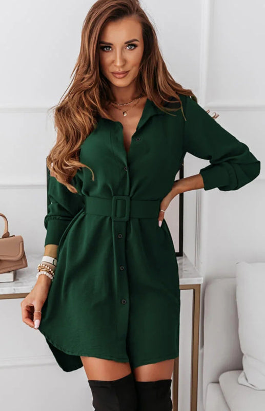 Button-Down Casual Shirt Dress with Long Sleeves and Collared Neckline Mini Dresses MyDresses Green 8 | S 